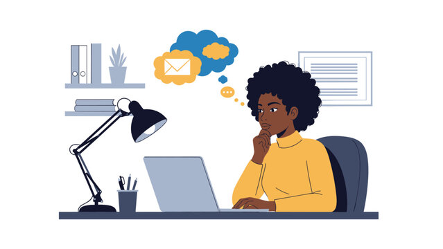 Focused Black woman working on a laptop at her office desk with an email notification icon in a thought bubble.