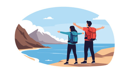 Fototapeta premium Adventurous couple with backpacks standing on a cliff with their arms open wide enjoying a beautiful view of mountains and the sea.
