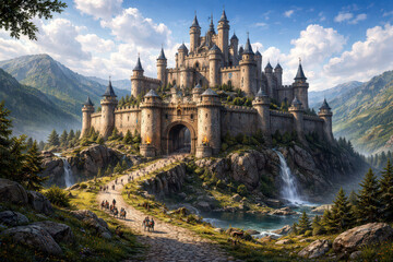 Obraz premium A majestic castle surrounded by mountains and a river, with a pathway leading to it.