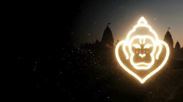 Radiant golden spiritual symbol of a stylized primate deity's face, casting an ethereal glow against the serene, silhouetted backdrop of an ancient temple, evoking devotion and cultural heritage