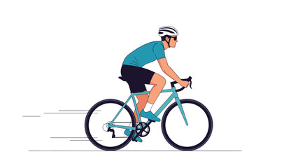 Naklejka premium Male cyclist wearing a helmet and sunglasses riding a fast road bike on a flat surface with motion blur lines for speed effect.