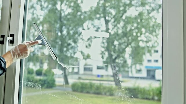 A man washes windows in a house. A cleaning company cleans and washes windows in a house. A professional man washes plastic windows with a solution and a mop.