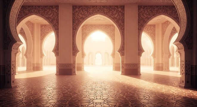 Ornate Islamic architecture with symmetrical horseshoe arches and intricate geometric patterns bathed in warm, ethereal golden light, creating a serene and majestic interior.