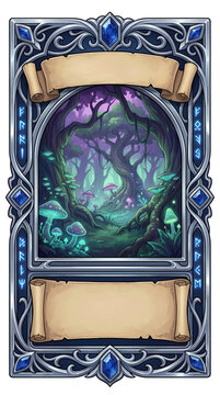 Fantasy Trading Card Template With Enchanted Forest Art And Blank Parchment Banners &mdash; Digital Asset