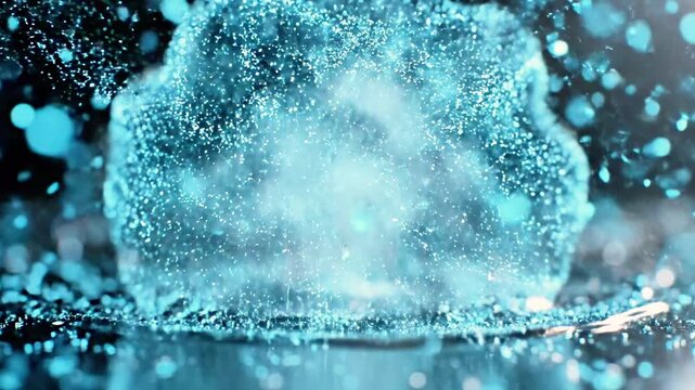 A vibrant, glowing blue sphere surrounded by sparkling particles on a dark background