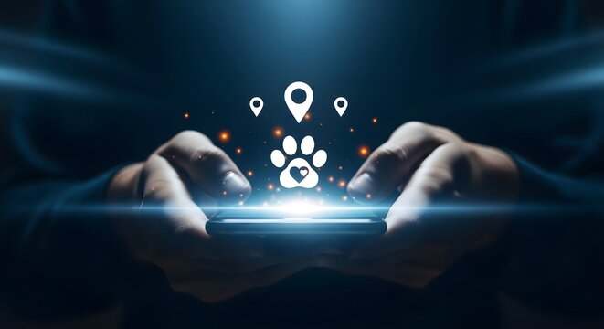 A futuristic digital interface with a paw print and location icons illuminated on a smartphone screen