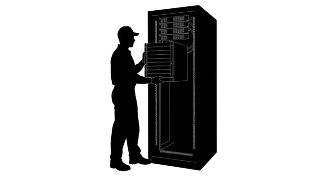 Technician Silhouette Installing Server Rack Data Center Cabinet Vector Illustration