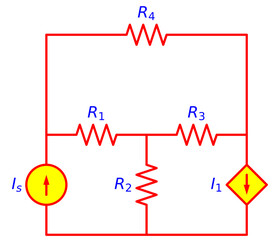 Resistor Network Circuit with Independent and Dependent Current Sources, Electrical Engineering Schematic Diagram for Circuit Analysis, Electronics and Physics Education