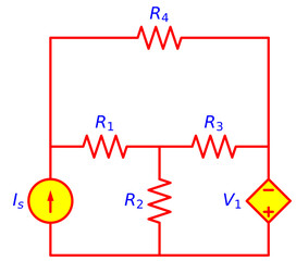 Obraz premium Resistor Network Circuit with Independent Current Source and Dependent Voltage Source, Electrical Engineering Schematic Diagram for Circuit Analysis and Electronics Education