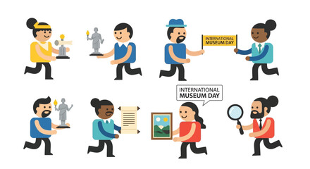 Diverse Group of People Celebrating International Museum Day, Carrying Art and Historical Artifacts, Illustrating Cultural Heritage and Education