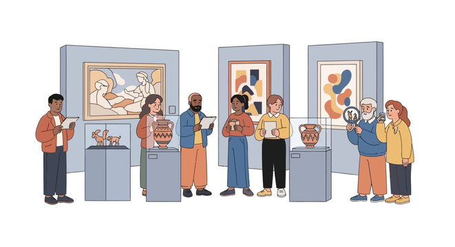 People exploring artworks and artifacts at a museum exhibition