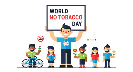 Fototapeta premium World No Tobacco Day celebration with diverse people holding signs and flowers promoting a smoke-free environment and healthy lifestyle