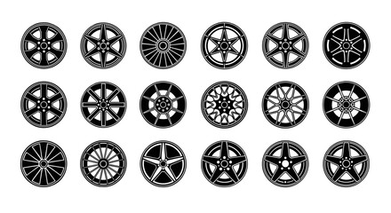 Collection of Various Car Wheel Designs in Black and White