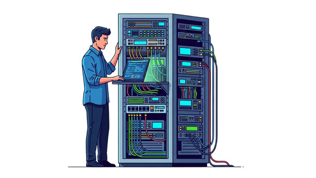 Man working on large computer server in data center environment