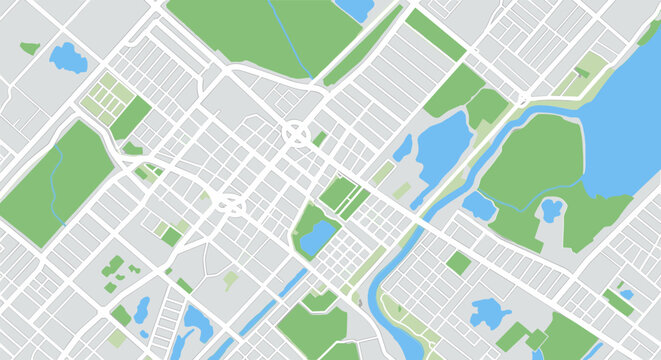 Stylized aerial city map illustrating urban planning, interconnected street grid, green parks, and serene waterways