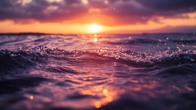 Close-up of a wave crashing on the ocean surface, with a stunning sunset in the background.