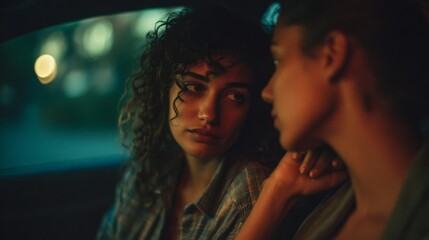 Intimate Moment Between Two Friends in a Dimly Lit Car, Capturing Emotions of Connection and Trust During a Late Evening Outing