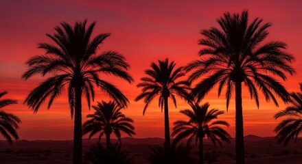 Fototapeta premium Silhouetted palm trees against a vibrant, fiery orange and red sunset sky, evoking a tropical paradise evening ambiance with a painterly, dramatic flair.