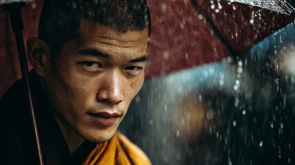 Intense Portrait of a Young Man Holding an Umbrella in Rain with Focused Expression and Wet Background Captured in a Dramatic Light Setting