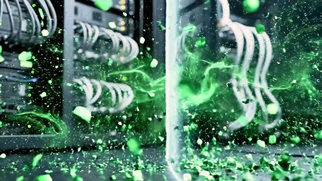 A futuristic scene with green particles exploding from a metallic object with wires