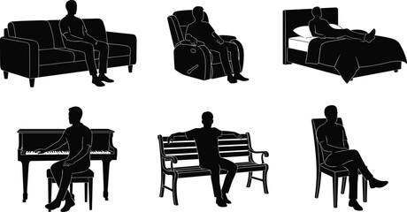 Black silhouette illustration of six people sitting or reclining on sofa, recliner, bed, piano bench, park bench, and dining chair, artwork concept for lifestyle, furniture, and design projects © ROJUFA
