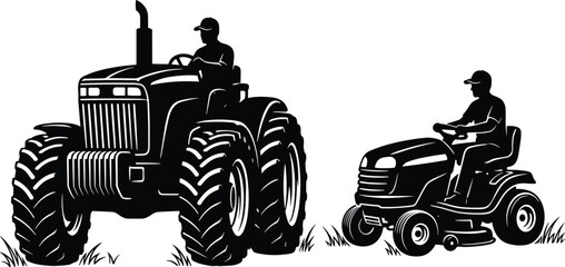 Farmer operating tractor and riding lawn mower, agricultural machinery vehicles working on rural farm illustration © Mdmostakim