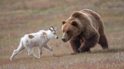 Fototapeta premium Wild encounter between a curious goat and a large brown bear on an open grassy field showcasing nature's interactions in a serene wilderness setting