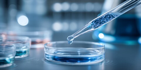 Close-Up of Pipette Dropping Liquid into Petri Dish on Laboratory Table with Soft Focus Background of Clear Test Beakers and Scientific Equipment