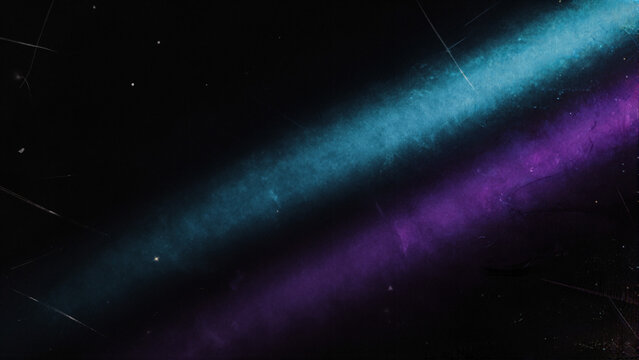 Abstract diagonal glowing cyan and deep purple streaks with heavy vintage film grain, dust and scratches on dark void background. Analog noise texture with light leak effects, purely abstract...