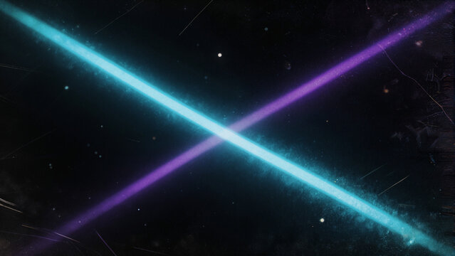 Abstract diagonal glowing cyan and deep purple streaks with heavy vintage film grain, dust and scratches on dark void background. Analog noise texture with light leak effects, purely abstract...