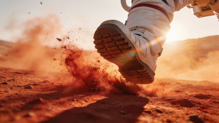 Hyper-realistic low-angle close-up dynamic action shot of astronaut's white space boot stepping onto red Martian soil, kicking up fine red dust particles with motion blur effect. Bright warm... © zhou yan