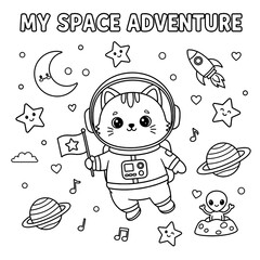 Cat Space Adventure Coloring Page Image for Kids