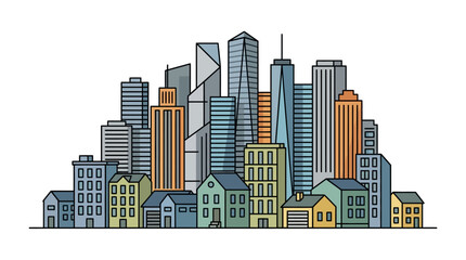 Fototapeta premium Modern cityscape illustration with residential houses and downtown tall skyscrapers
