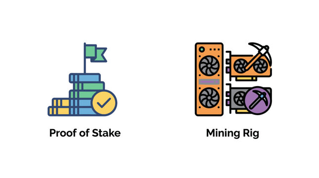 Icons representing proof of stake and mining rig for cryptocurrency