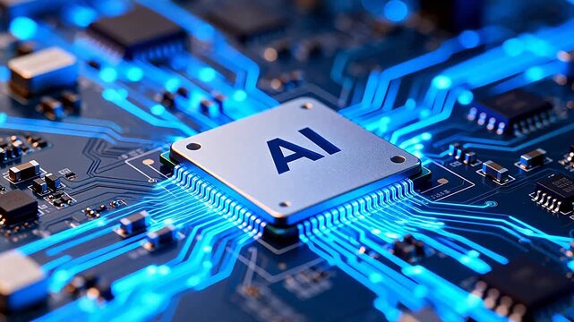 AI chip on circuit board with glowing blue lines