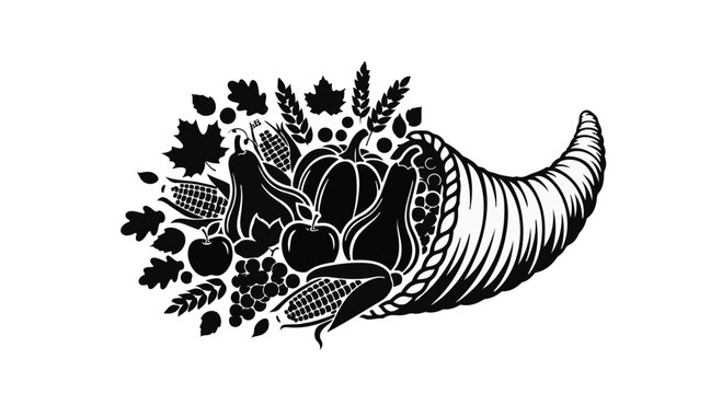 Abundant harvest overflowing from a cornucopia symbolizing bounty and gratitude.