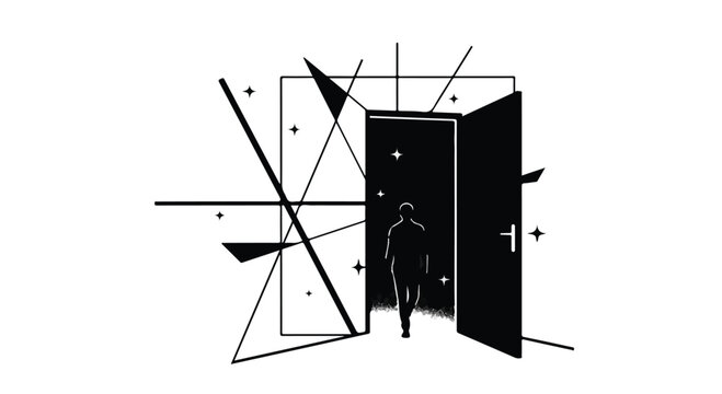 Silhouette of a person stepping through an open doorway into a dark, abstract space with geometric lines.