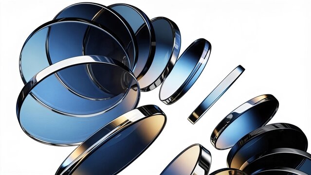 Abstract 3D rendering of blue glass discsshiny metallic ringsmodern technology backgrounddigital innovation conceptfuturistic design elementisolated on white,design,concept