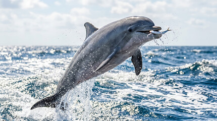 Fototapeta premium Dolphin leaping from the ocean with a fish in its mouth
