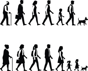 Fototapeta premium Set of people silhouettes walking in profile representing different age groups and lifestyles for human development and community concepts