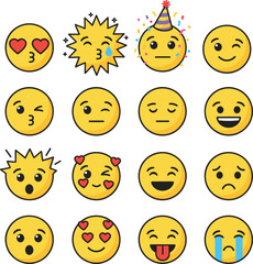 Set of yellow emoji face icons with various expressions including heart eyes party hat crying laughing and surprised for social media