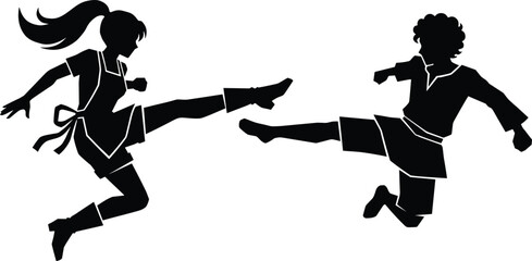 Martial arts fighters silhouette vector illustration, karate and taekwondo kick action pose isolated black combat sport character design © Zahid Creatives