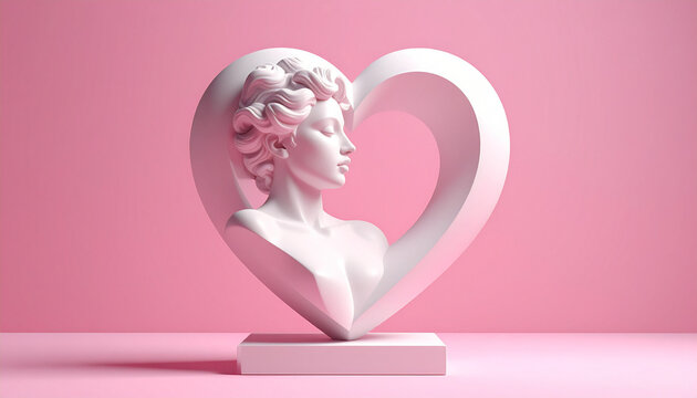 Elegant white sculpture of a woman inside heart shape against a pink background