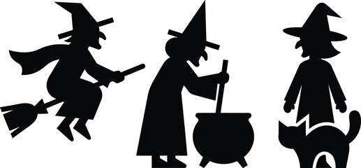 Halloween witch silhouettes set flying stirring cauldron with black cat, spooky magic characters vector illustration collection © Zahid Creatives