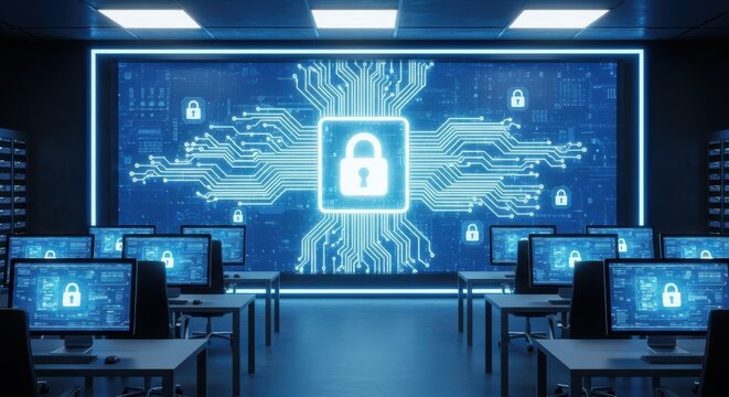 Secure server room with computers and digital padlock on screen