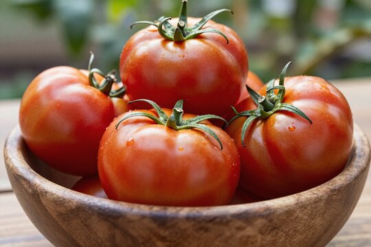 A bowl full of ripe tomatoes sitting on top of a table