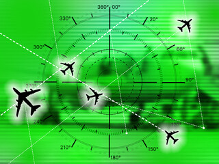 Air traffic radar, aviation navigation control. Simulation screen displays aircraft positions and flight routes for passenger and cargo transportation monitoring. © Grispb