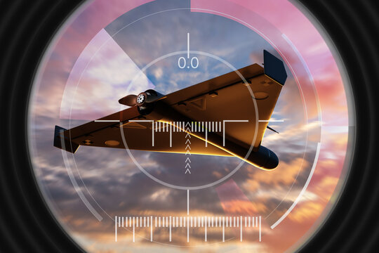 Military technology, aerial surveillance. Shahed attack drone viewed through targeting system during reconnaissance mission, demonstrating unmanned warfare and precision strike capability.