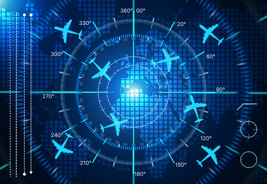 Air traffic monitoring system, aviation navigation interface. Simulation radar screen shows global aircraft routes and flight directions for passenger and cargo air transportation.