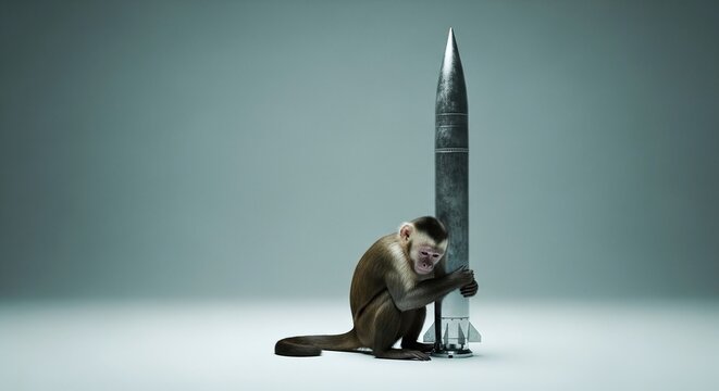 Monkey sitting with a large metal rocket on a plain background looking curious